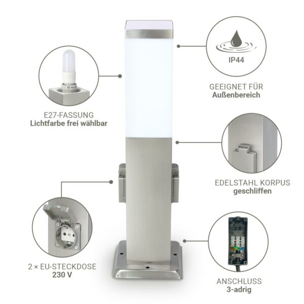 Pollerleuchte Edelstahl 45cm mit 2 Steckdosen E27 Fassung IP44