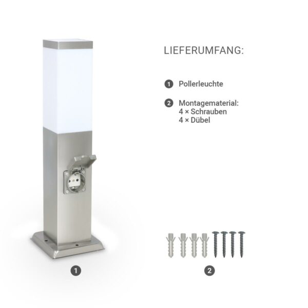 Pollerleuchte Edelstahl 45cm mit 2 Steckdosen E27 Fassung IP44