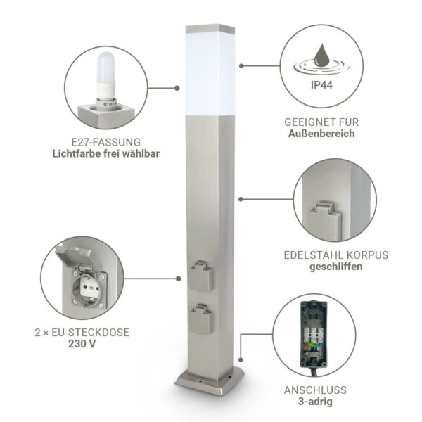 Das Bild zeigt die Ausstattungsmerkmale der Pollerleuchte Edelstahl 80cm mit 2x Steckdosen E27 Fassung IP44