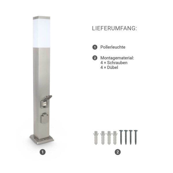 Das Bild zeigt den Lieferumfang der Pollerleuchte Edelstahl 80cm mit 2x Steckdosen E27 Fassung IP44