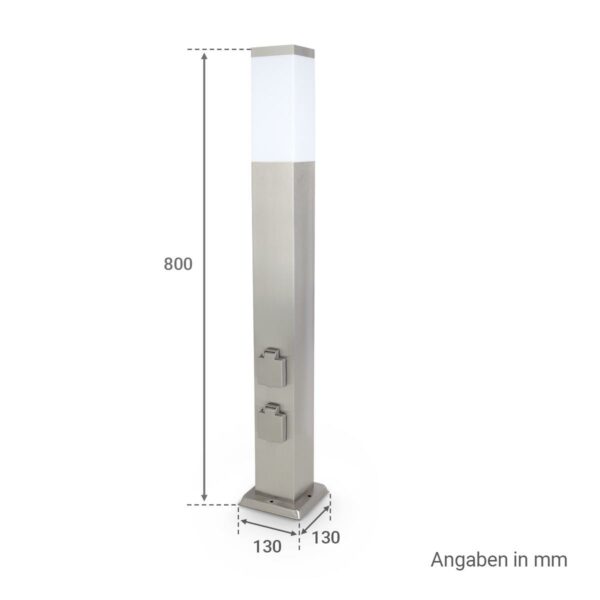 Das Bild zeigt die Abmessungen der Pollerleuchte Edelstahl 80cm mit 2x Steckdosen E27 Fassung IP44