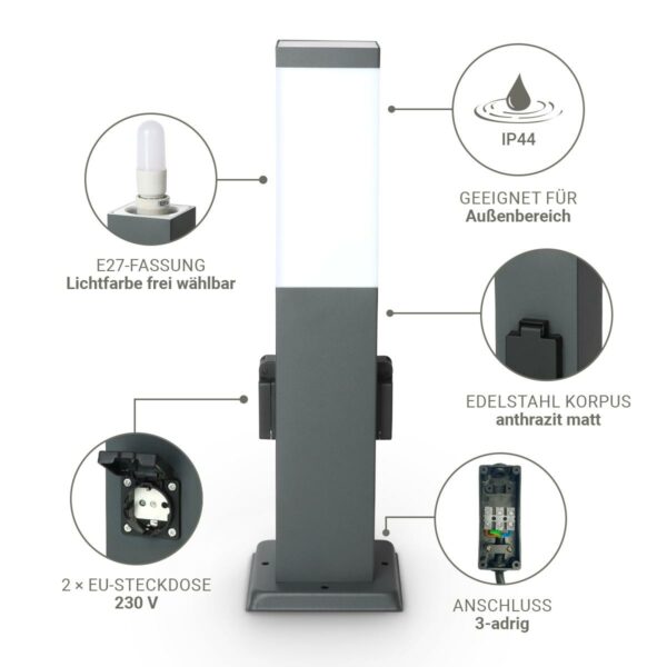 Das Bild zeigt die Ausstattungsmerkmale der Pollerleuchte anthrazit 45cm mit 2x Steckdosen E27 Fassung IP44