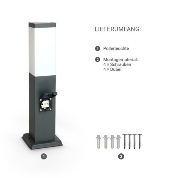 Das Bild zeigt den Lieferumfang der Pollerleuchte anthrazit 45cm mit 2x Steckdosen E27 Fassung IP44