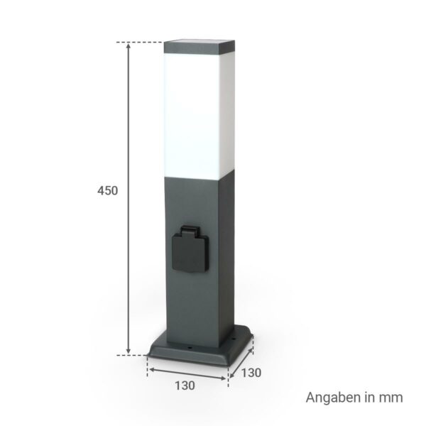 Das Bild zeigt die Maße der Pollerleuchte anthrazit 45cm mit 2x Steckdosen E27 Fassung IP44