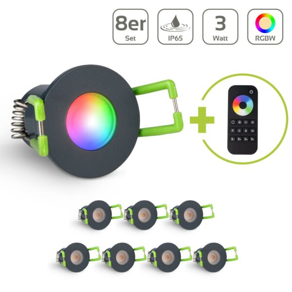 Terrassen Einbaustrahler LED mit Fernbedienung 3W RGBW IP65 - Gehäusefarbe: anthrazit - Anzahl: 8x