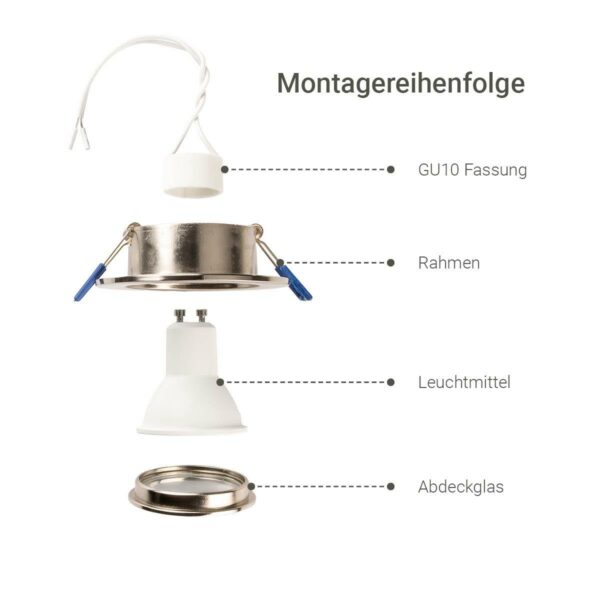 Montagereihenfolge des Einbaustrahler GU10 IP44 Edelstahl gebürstet rund 68mm dimmbar mit RGBW Funktion