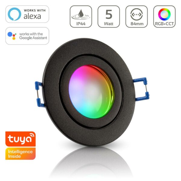 Einbaustrahler GU10 IP44 schwarz rund 68mm dimmbar mit RGB+CCT - Smart Tuya