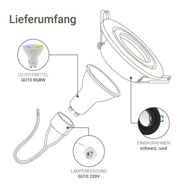 Lieferumfang vom Einbaustrahler GU10 IP44 schwarz rund 68mm dimmbar mit RGBW Funktion