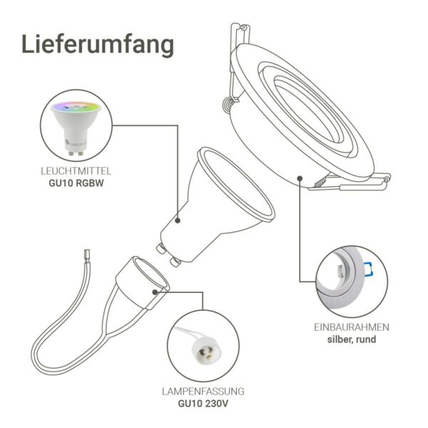 Lieferumfang des Einbaustrahler GU10 IP44 silber gebürstet gebürstet rund 68mm dimmbar mit RGBW Funktion