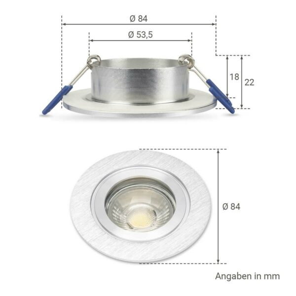 Maße des Einbaustrahler GU10 IP44 silber gebürstet gebürstet rund 68mm dimmbar mit RGBW Funktion