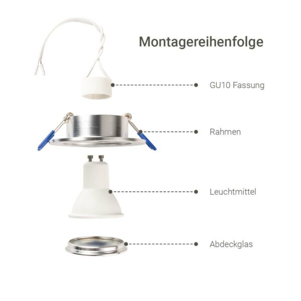 Montagereihenfolge des Einbaustrahler GU10 IP44 silber gebürstet gebürstet rund 68mm dimmbar mit RGBW Funktion