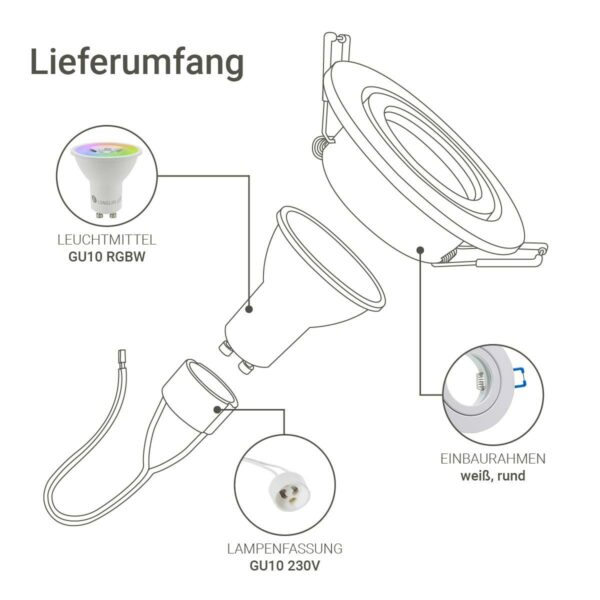 Lieferumfang beim Einbaustrahler GU10 IP44 weiß rund 68mm dimmbar mit RGBW Funktion