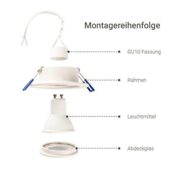 Montagereihenfolge des Maße des Einbaustrahler GU10 IP44 weiß rund 68mm dimmbar mit RGBW Funktion