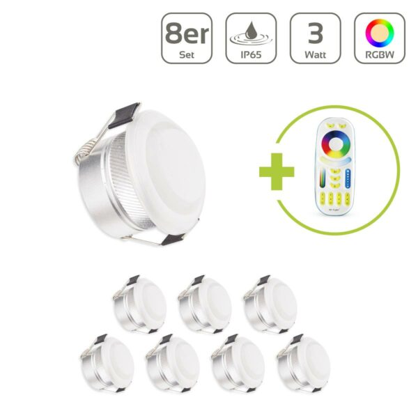 LED Minispot Einbaustrahler Set 12V 3W Schutzart IP65 Lichtfarbe RGB+3000K - Anzahl: 8x