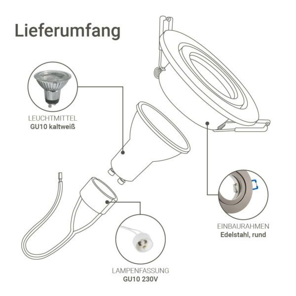 Lieferumfang Einbauspot GU10 IP44 flach und rund in Edelstahl gebürstet - 5 Watt - neutralweiß 4000 Kelvin