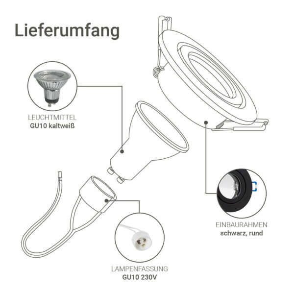 Lieferumfang-Einbauspot IP44 rund - Farbe schwarz - LED Leuchtmittel GU10 5W neutralweiß