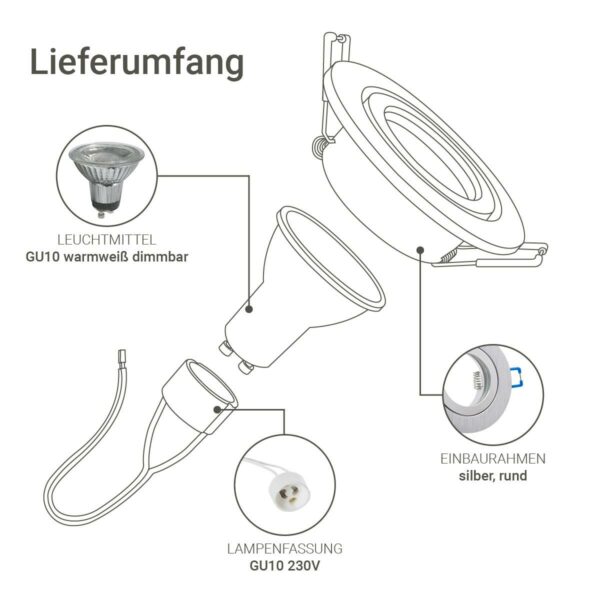 Lieferumfang-Einbaustrahler GU10 IP44 Alu gebürstet rund 68mm dimmbar warmweiß 3000 Kelvin