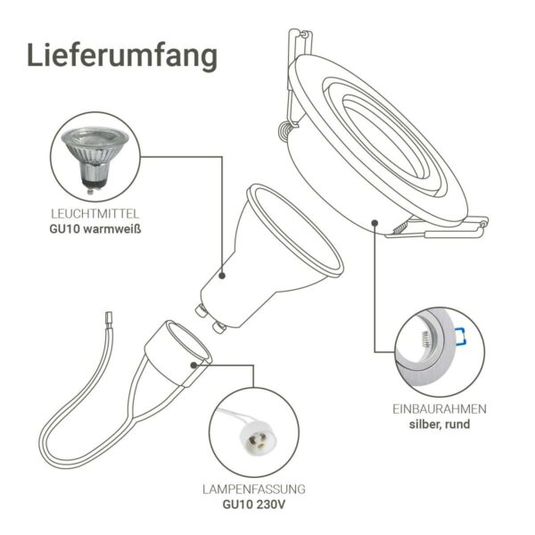 Lieferumfang Einbaustrahler GU10 IP44 Alu gebürstet rund 68mm warmweiß 2700 Kelvin