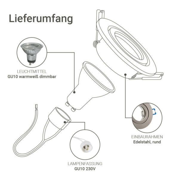 Lieferumfang-Einbaustrahler GU10 IP44 in Silber gebürstet, rund, 68mm, dimmbar, warmweiß, 3000 Kelvin