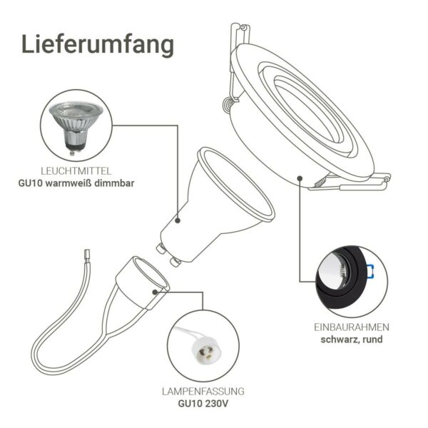 Lieferumfang-Einbaustrahler GU10 IP44 schwarz rund 68mm dimmbar warmweiß 3000 Kelvin