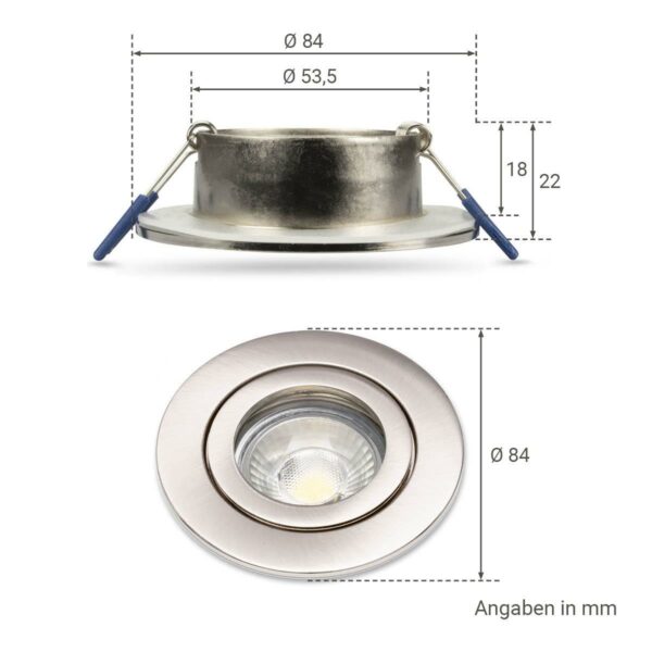 Maße Einbauspot GU10 IP44 flach und rund in Edelstahl gebürstet - 5 Watt - neutralweiß 4000 Kelvin