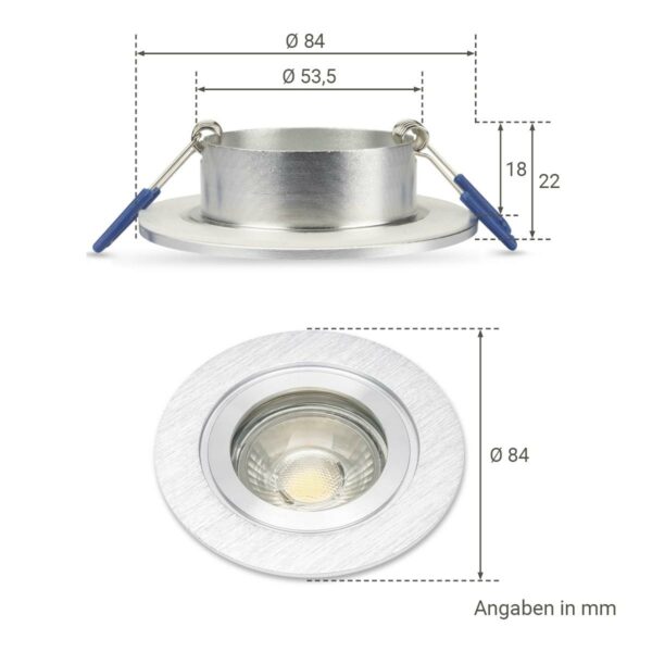 Maße Einbaustrahler GU10 IP44 Alu gebürstet rund 68mm dimmbar mit RGB+CCT