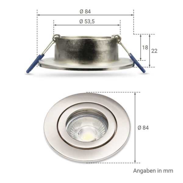 Maße-Einbaustrahler GU10 IP44 Edelstahl gebürstet rund 68mm dimmbar mit RGB+CCT