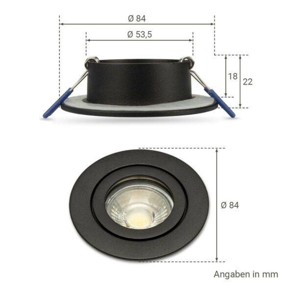 Maße-Einbaustrahler GU10 IP44 schwarz rund 68mm dimmbar mit RGB+CCT - Smart Tuya