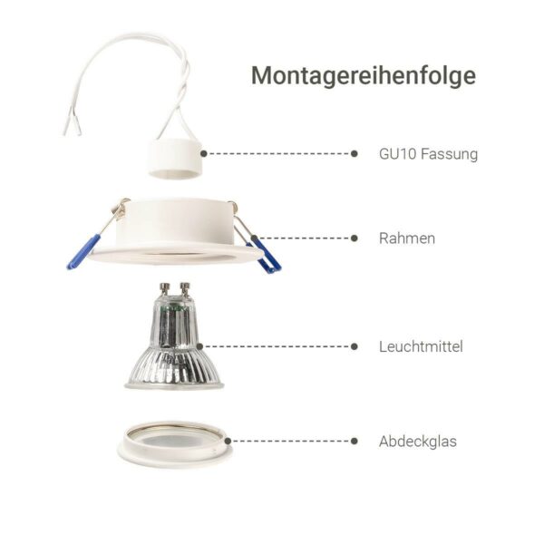 Montagereihenfolge Einbaustrahler GU10 IP44 weiß rund 68mm warmweiß 2700 Kelvin